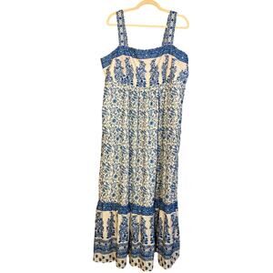 Wrap London Blue & Cream Floral Boho Cotton Sundress Sz 16 casual coastal